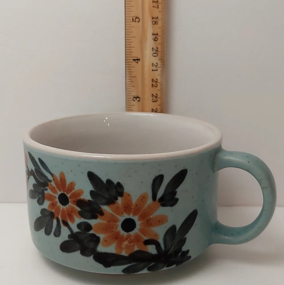 Vintage Soup Bowl Light Blue Orange Flowers